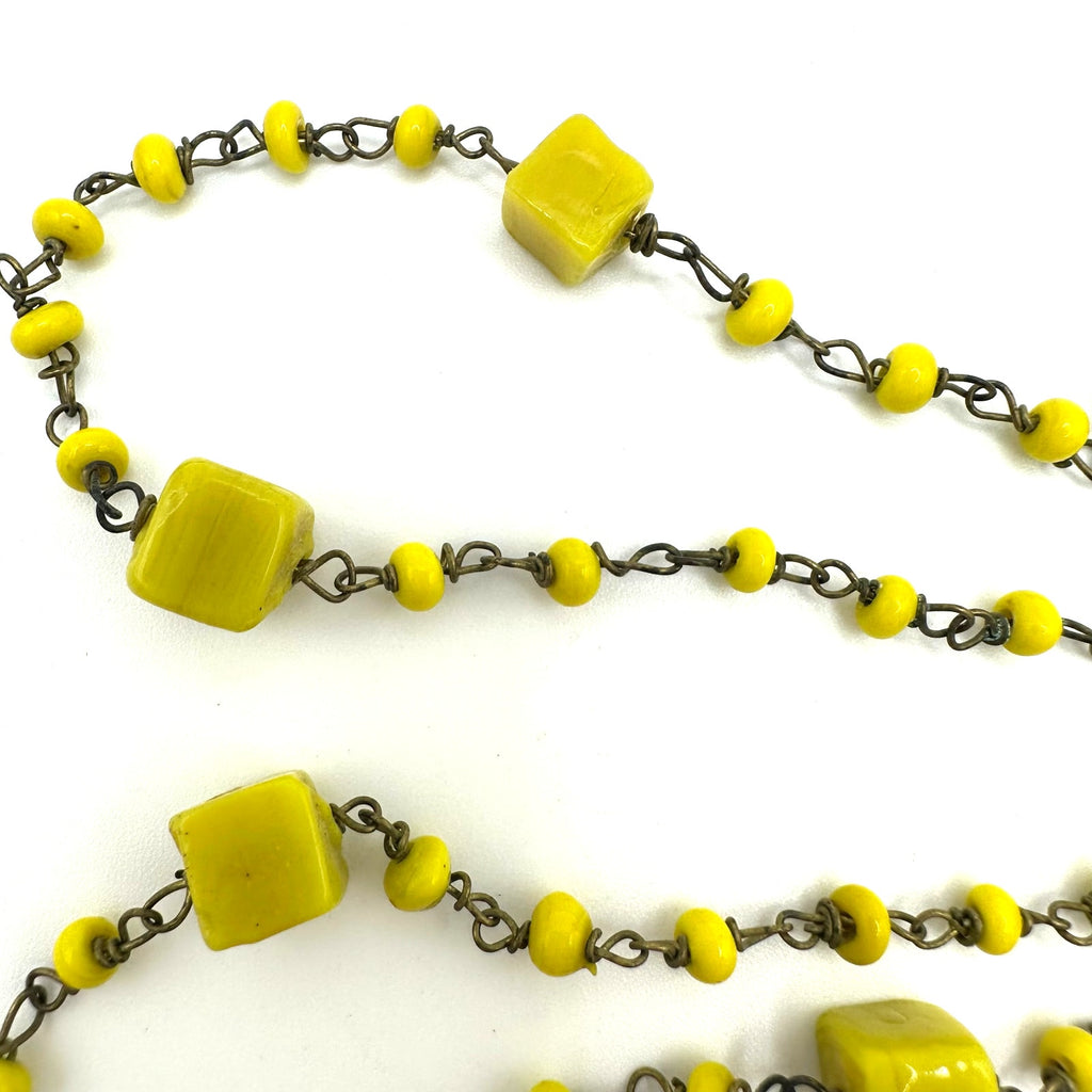 Antique Art Deco Czech yellow art cadmium glass beads beaded brass 41" necklace
