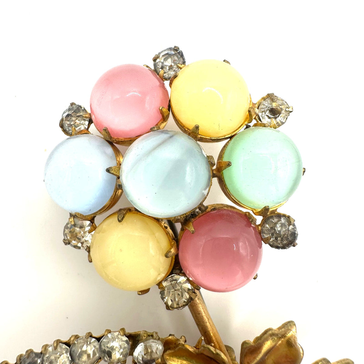 Vintage gold tone multicolor uranium satin glass cabochons rhinestones brooch