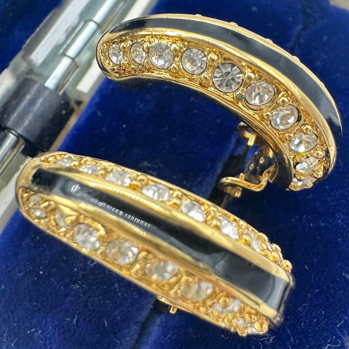 Swarovski Swan vintage gold plated crystals enamel half hoops clip on earrings