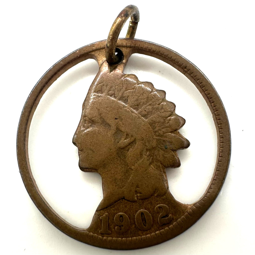 Antique 1902 antique American Indian Head Penny coin cut out pendant charm