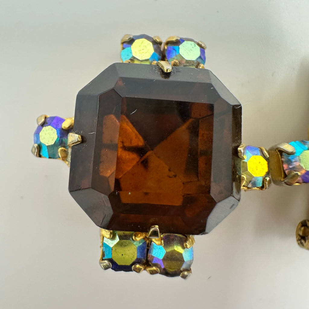 Vintage gold tone amber glass aurora borealis AB rhinestones clip on earrings
