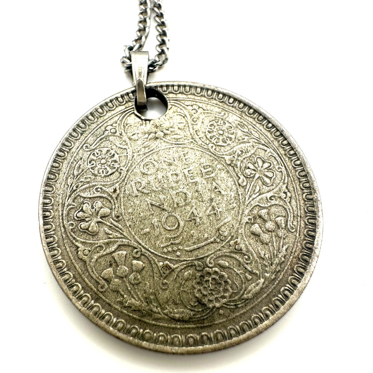 Vintage real 1944 Indian rupee 0.50% silver coin pendant 18" chain necklace