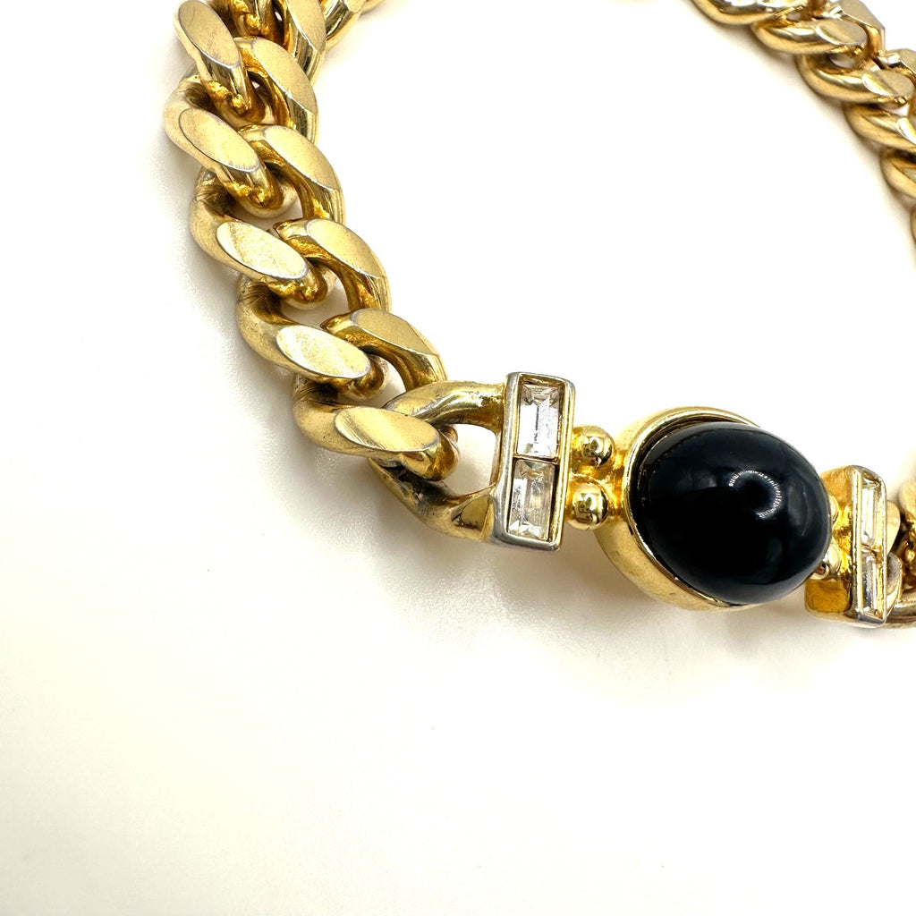 Joan Rivers vintage gold tone black glass cabochon rhinestones chain bracelet