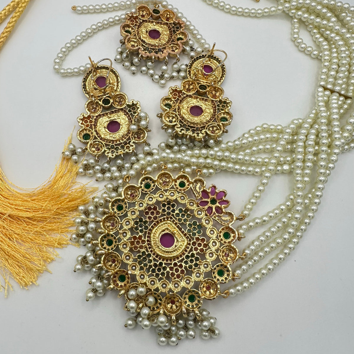 Indian gold kundan pearl gems necklace earrings maang tikka full mala set