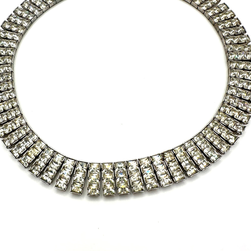 Antique Art Deco 1930s silver tone clear Czech glass rhinestones necklace