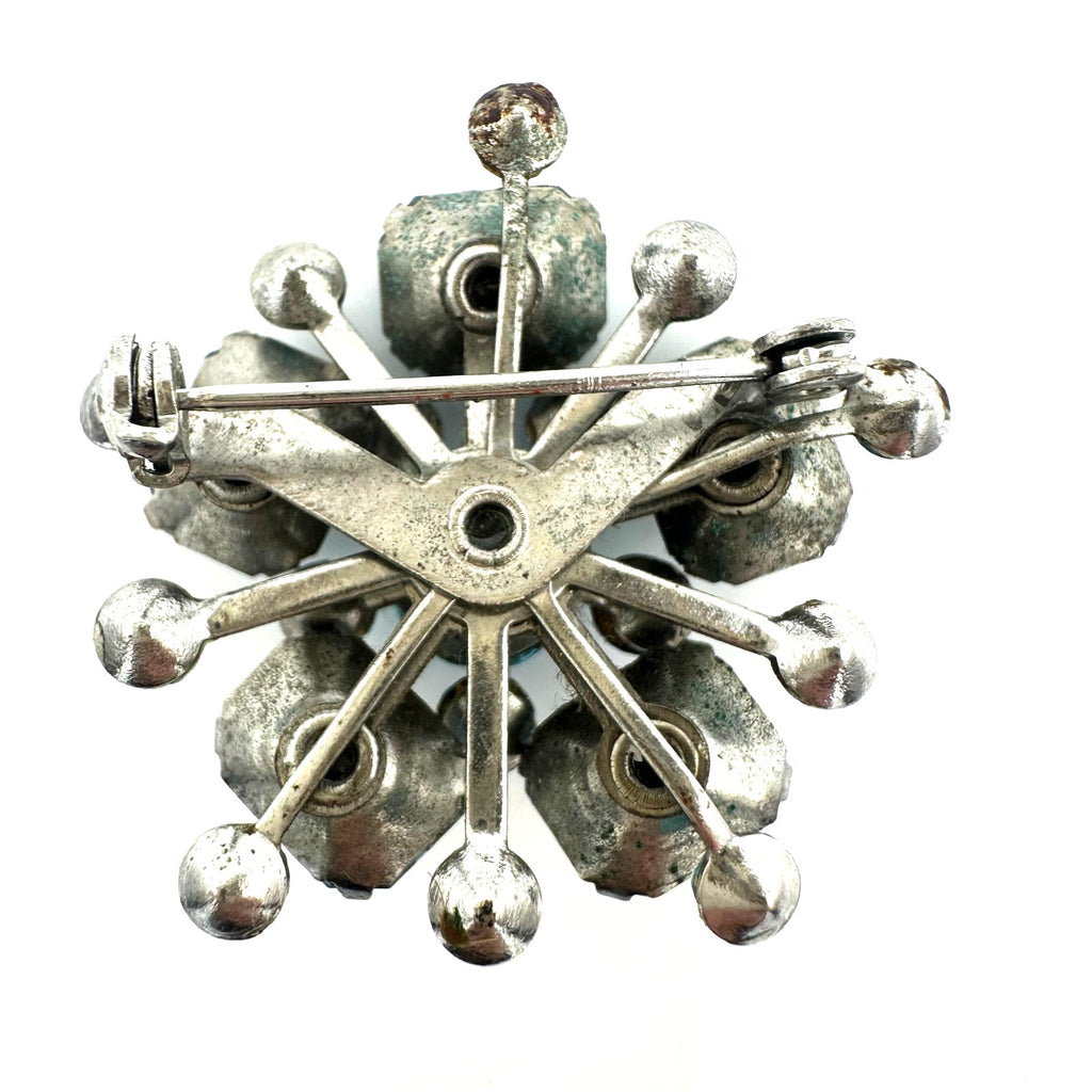 Vintage silver tone aqua light blue glass rhinestones brooch pin