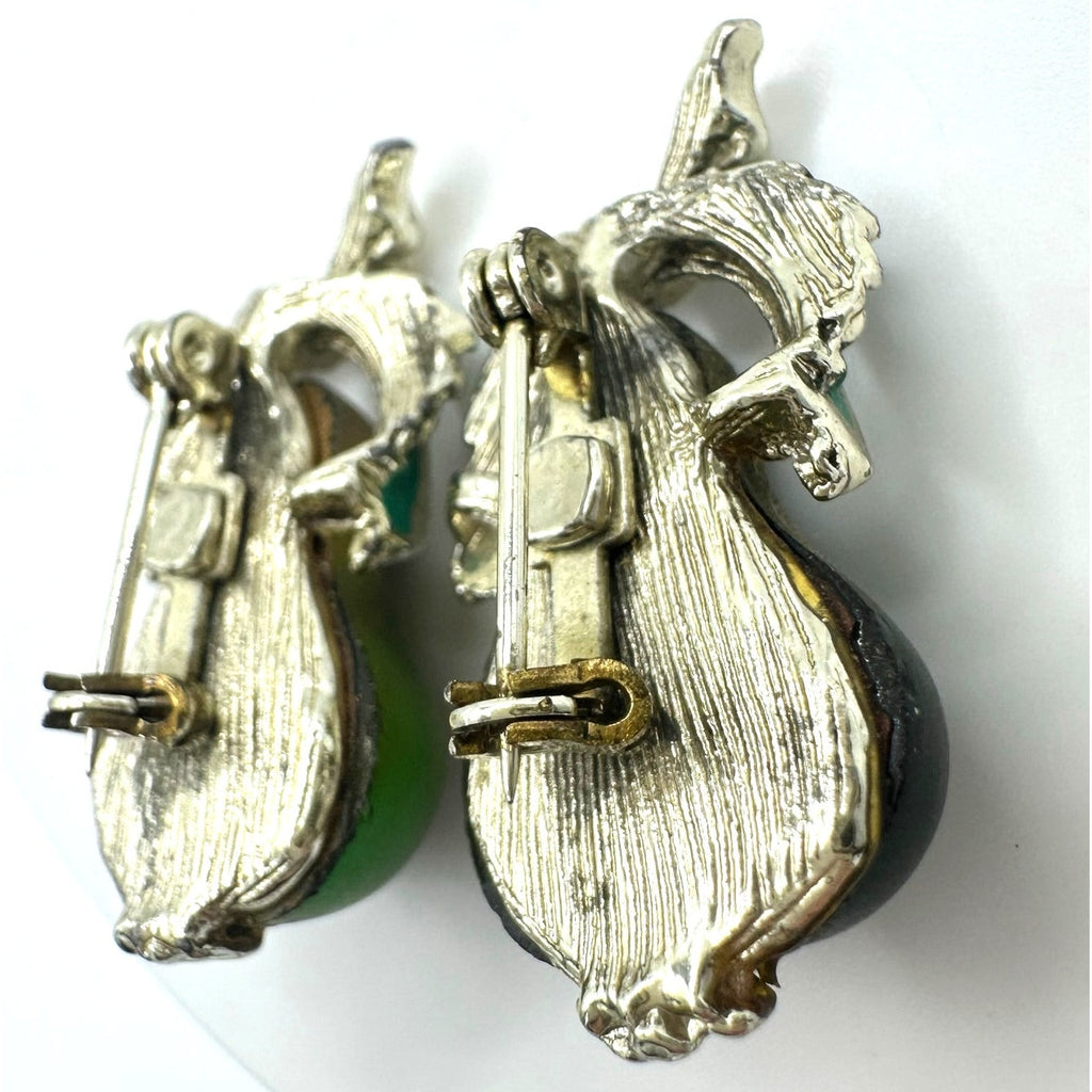 Set 2 vintage gold tone green Austrian art glass enamel pears brooches pins