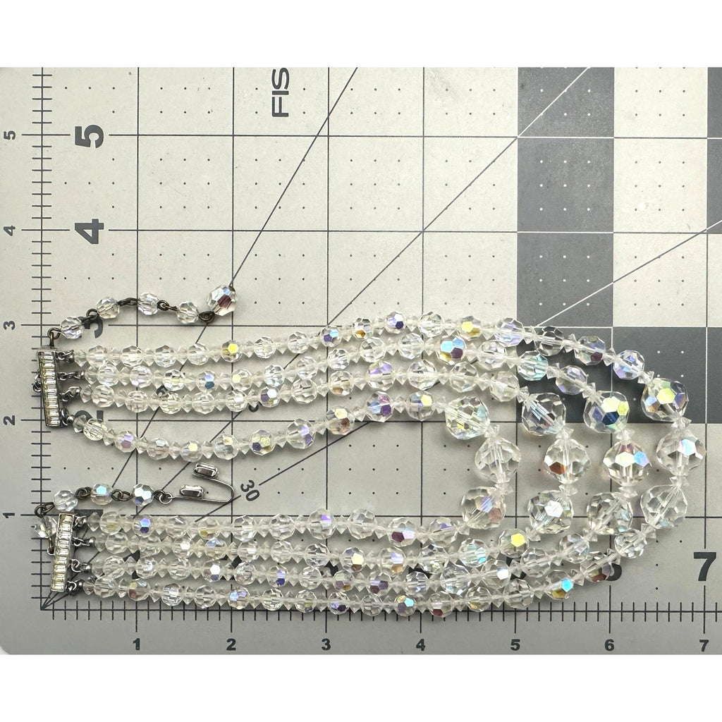 Vintage 4 strand clear AB aurora borealis glass beaded graduated necklace