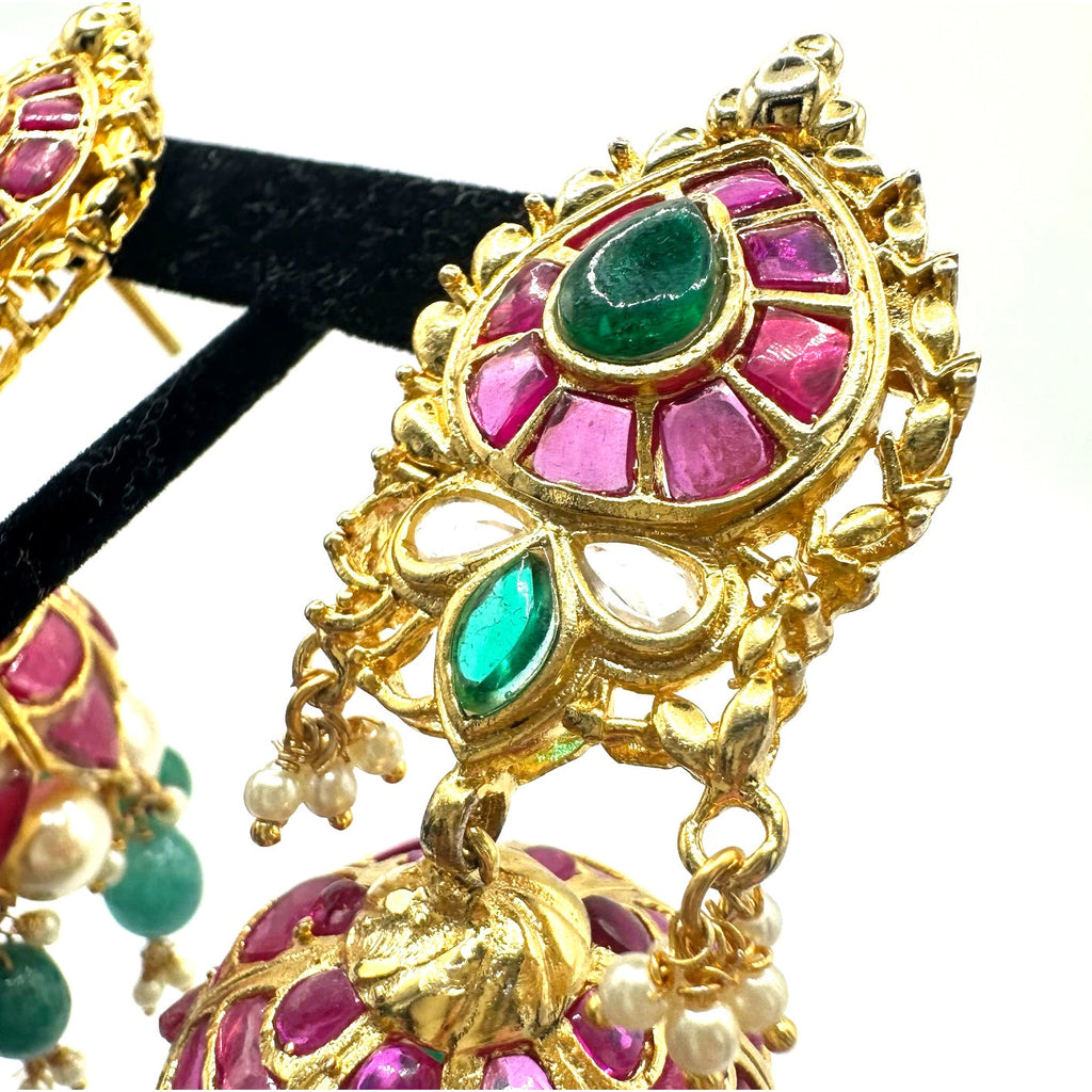 Indian Bridal gold plated real ruby green gems beaded pearls jhumka earrings