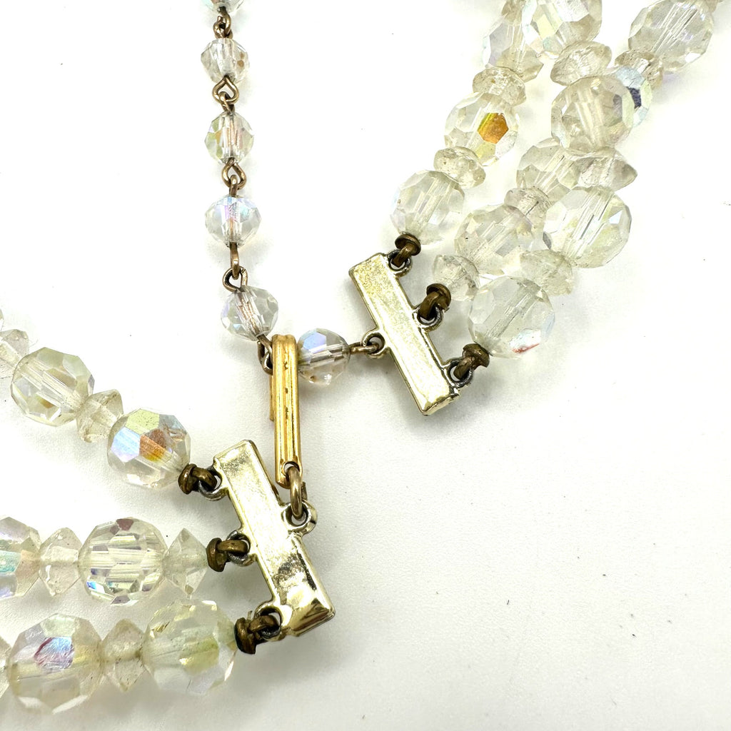 Vintage triple strand AB glass beaded gold tone filigree rhinestone necklace