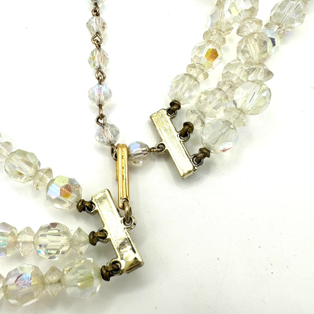 Vintage triple strand AB glass beaded gold tone filigree rhinestone necklace