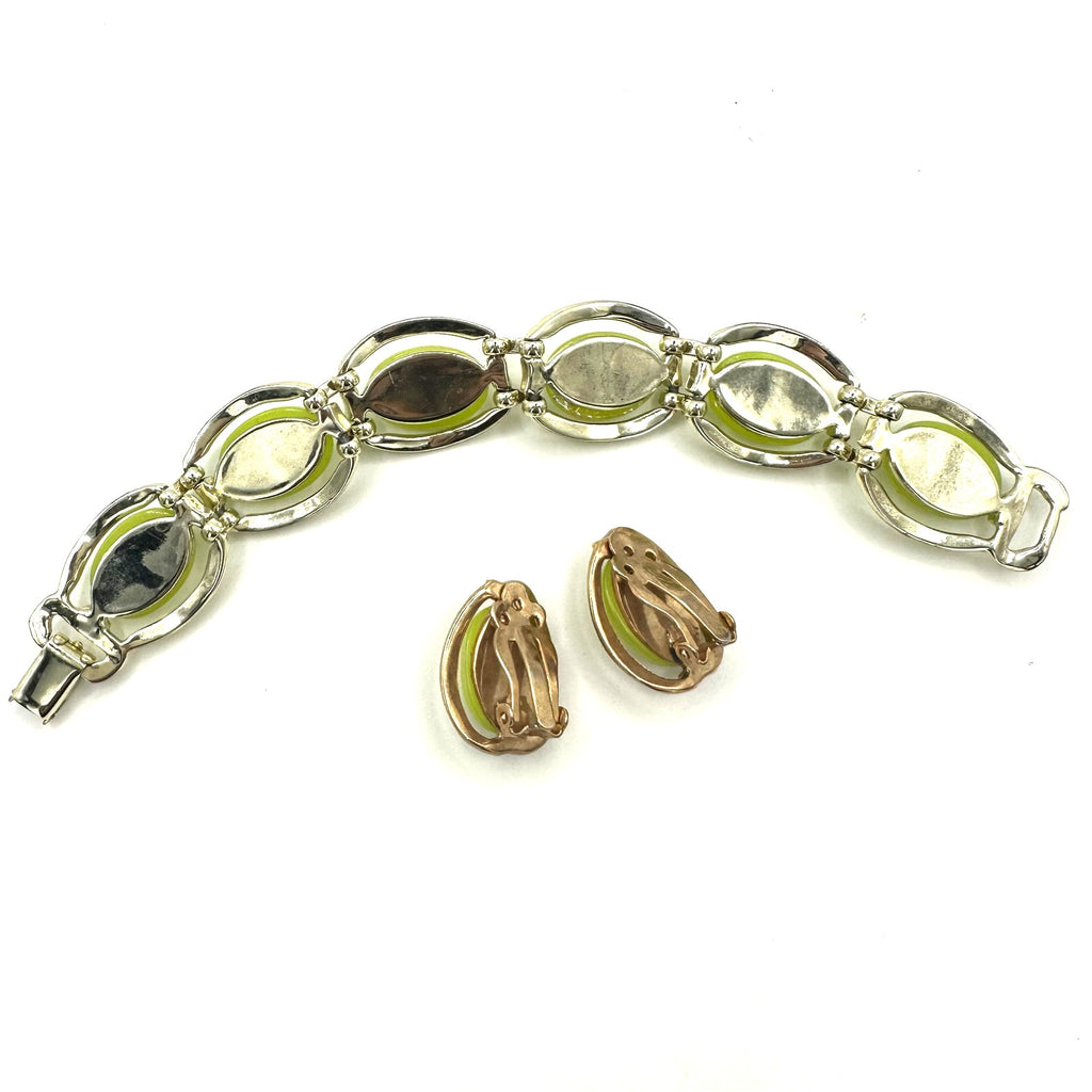 Vintage 1940s gold tone neon yellow moonglow lucite bracelet clip on earrings