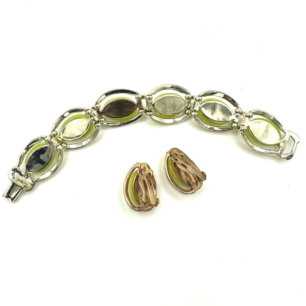 Vintage 1940s gold tone neon yellow moonglow lucite bracelet clip on earrings
