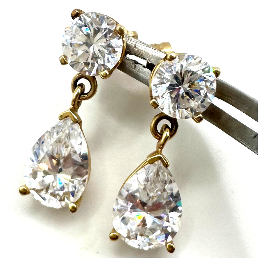 Solid 14kt yellow gold clear cubic zirconia CZ drop dangle post earrings 3.86g