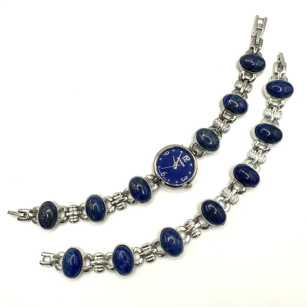 Strada silver tone genuine blue lapis lazuli quartz ladies watch bracelet set