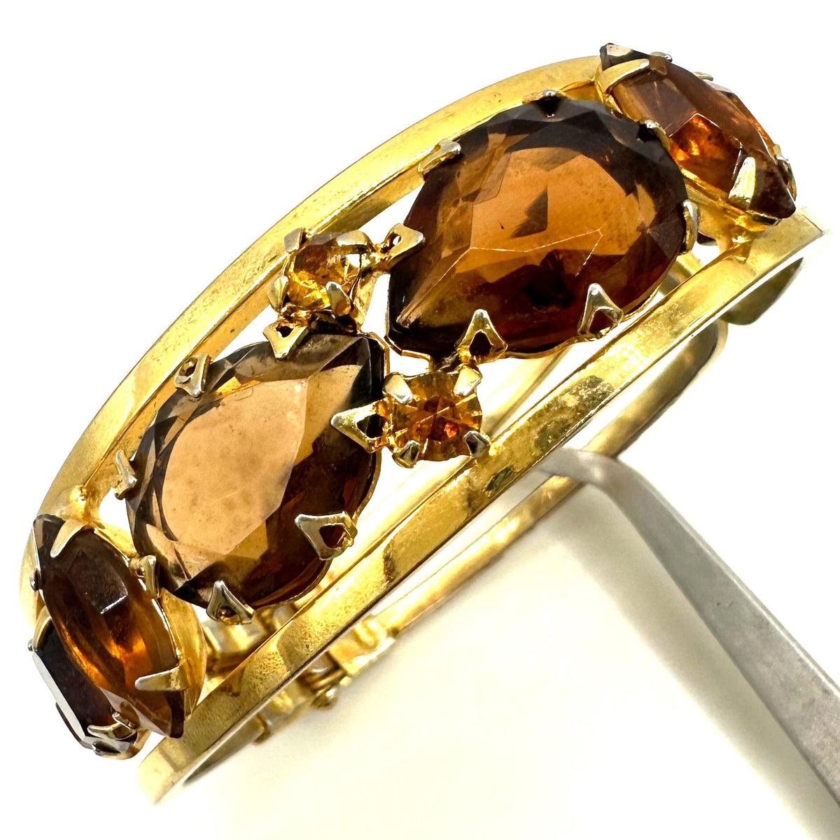 Juliana gold tone brown topaz glass rhinestones clamper bangle bracelet