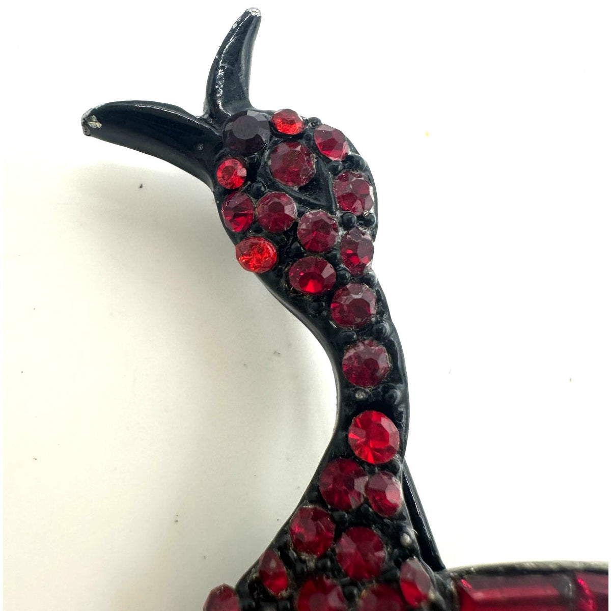 Vintage black gunmetal japanned red rhinestones duck bird figural brooch