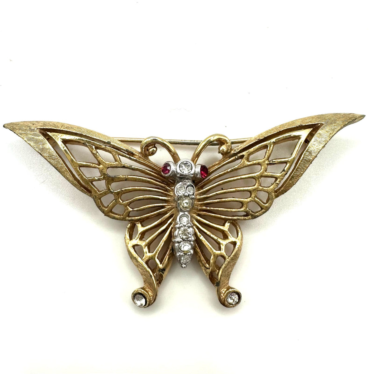 Marcel Boucher vintage gold tone clear red rhinestones butterfly brooch