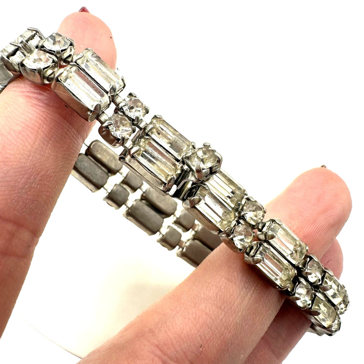 1950s vintage silver tone 2 row clear faceted glass rhinestones tennis bracelet