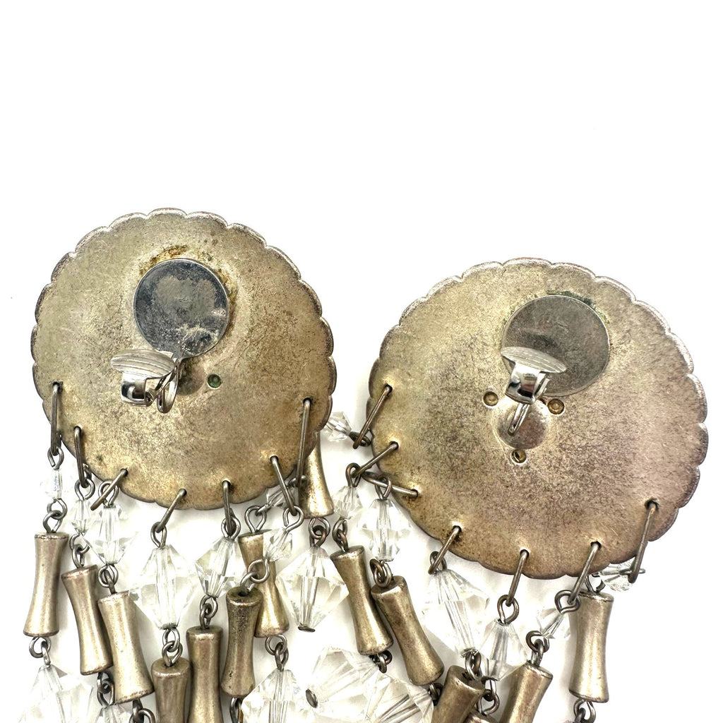 Vintage champagne gold tone clear beaded crystal drops dangle clip on earrings