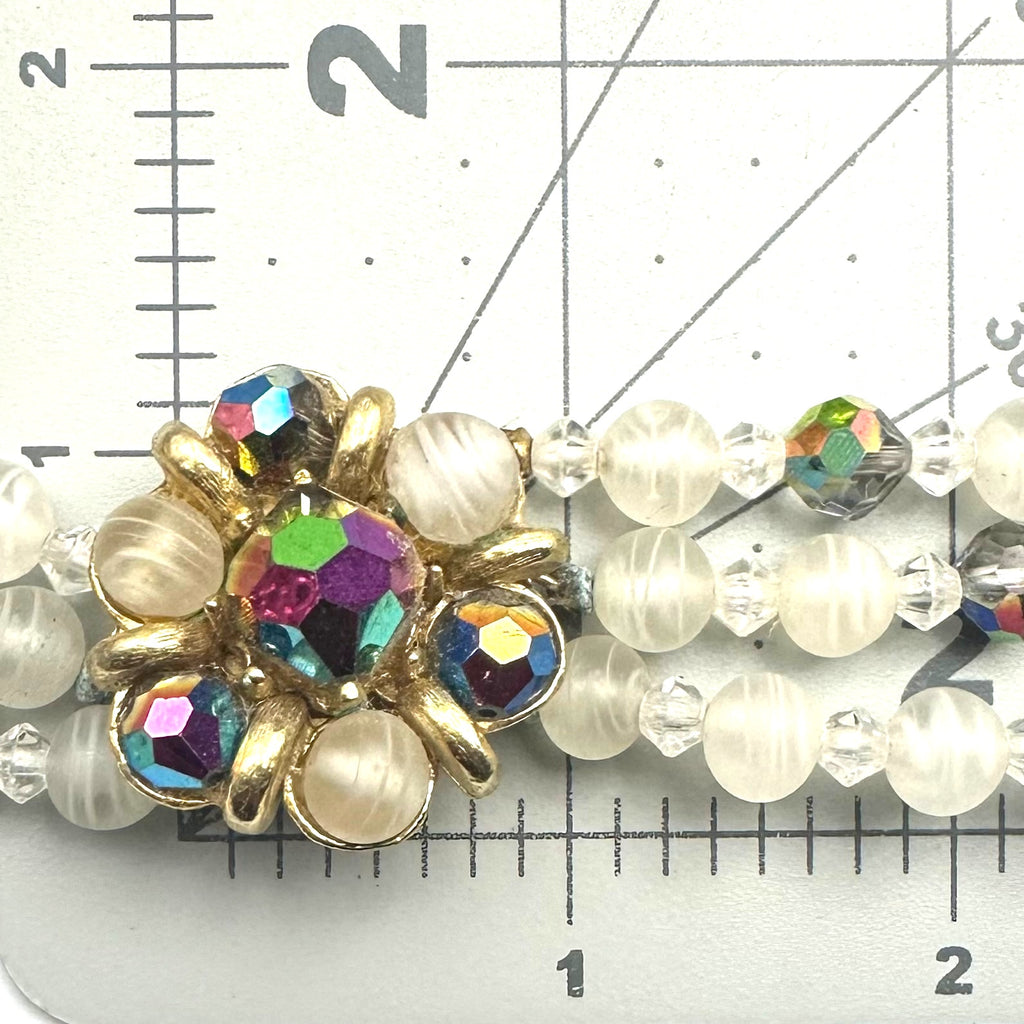 Vintage 3 strand watermelon AB aurora borealis white art glass beaded necklace