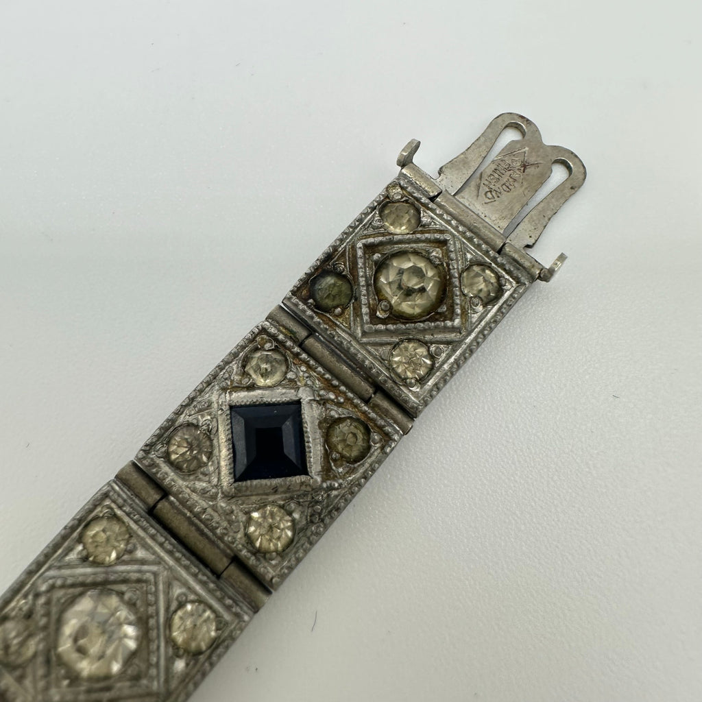 Diamond Finish antique Art Deco pot metal clear blue rhinestones bracelet