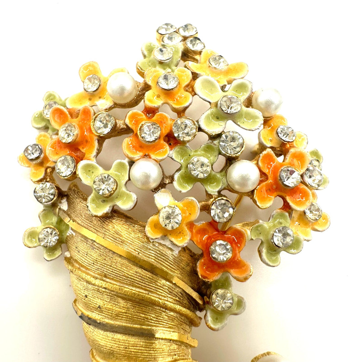 BSK vintage gold tone cornucopia multicolor enamel flowers rhinestones brooch