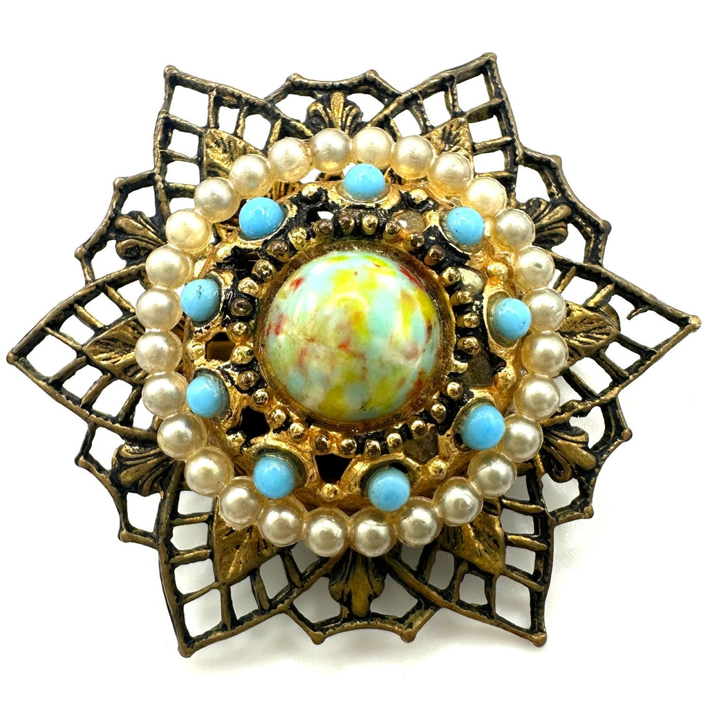 Vintage gold tone filigree faux pearl turquoise confetti lucite cabochon brooch