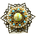 Vintage gold tone filigree faux pearl turquoise confetti lucite cabochon brooch