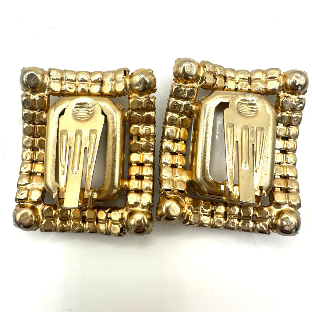 Vintage massive gold tone rectangular milk glass rhinestones clip on earrings