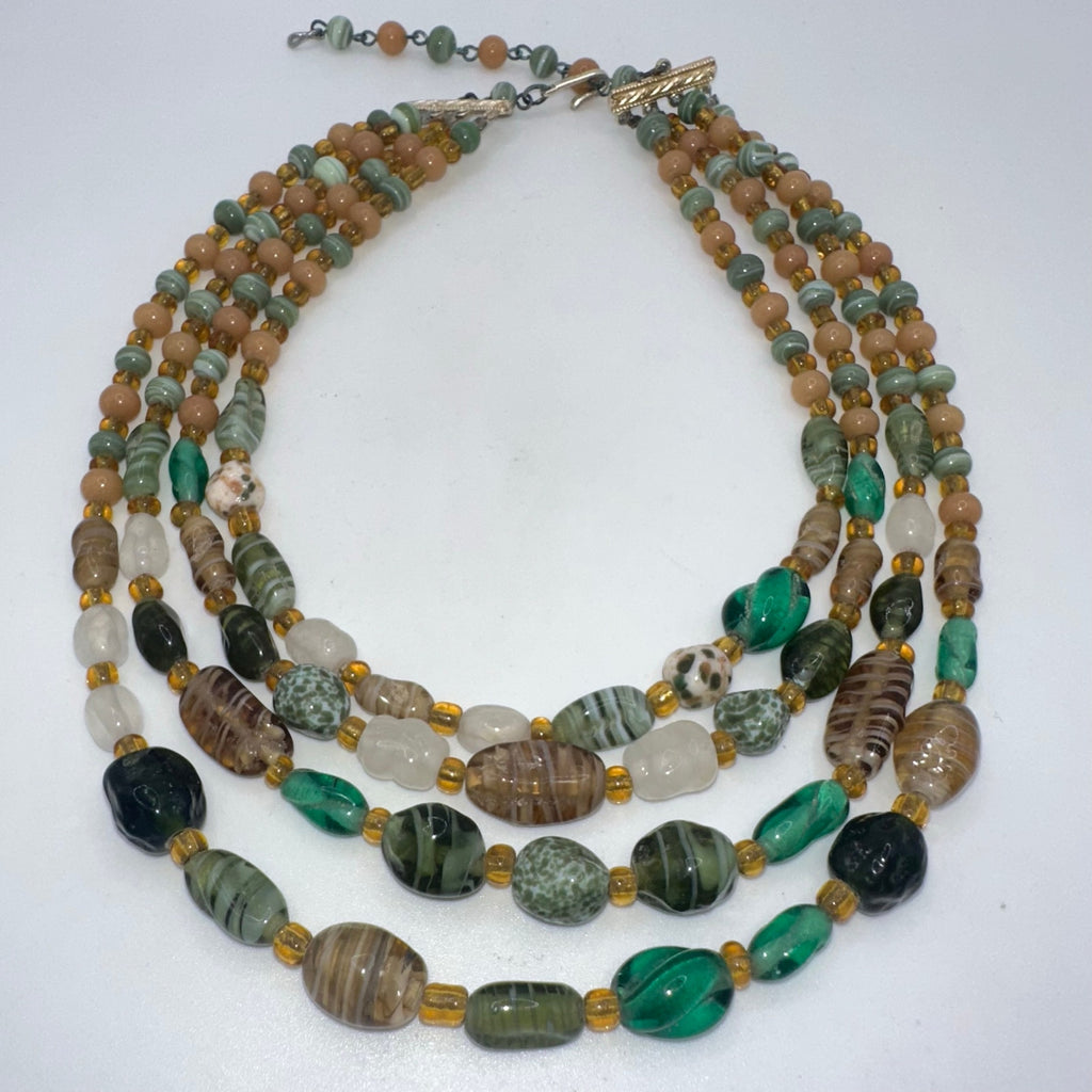 Japan vintage 4 multi strand green tan amber art glass beaded graduated necklace