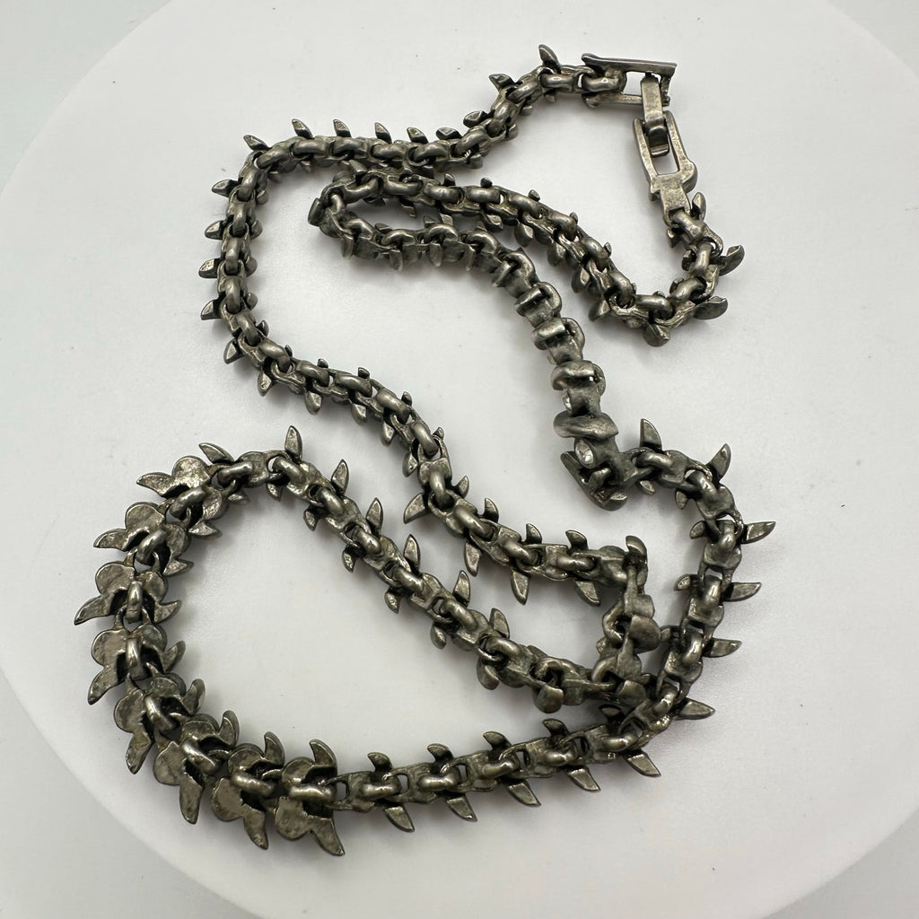 Vintage heavy silver tone clear glass rhinestones flex link modernist necklace