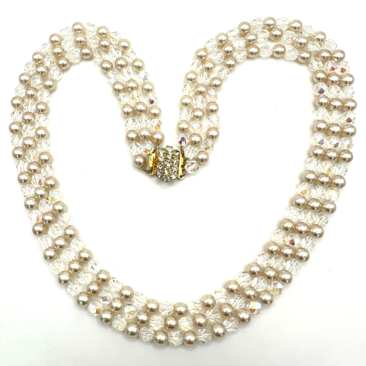 Vintage 3 multi strand AB aurora borealis glass pearls beaded necklace