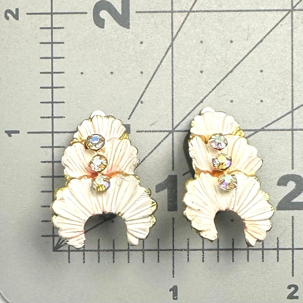 Austria vintage gold tone white pink enamel AB rhinestones clip on earrings