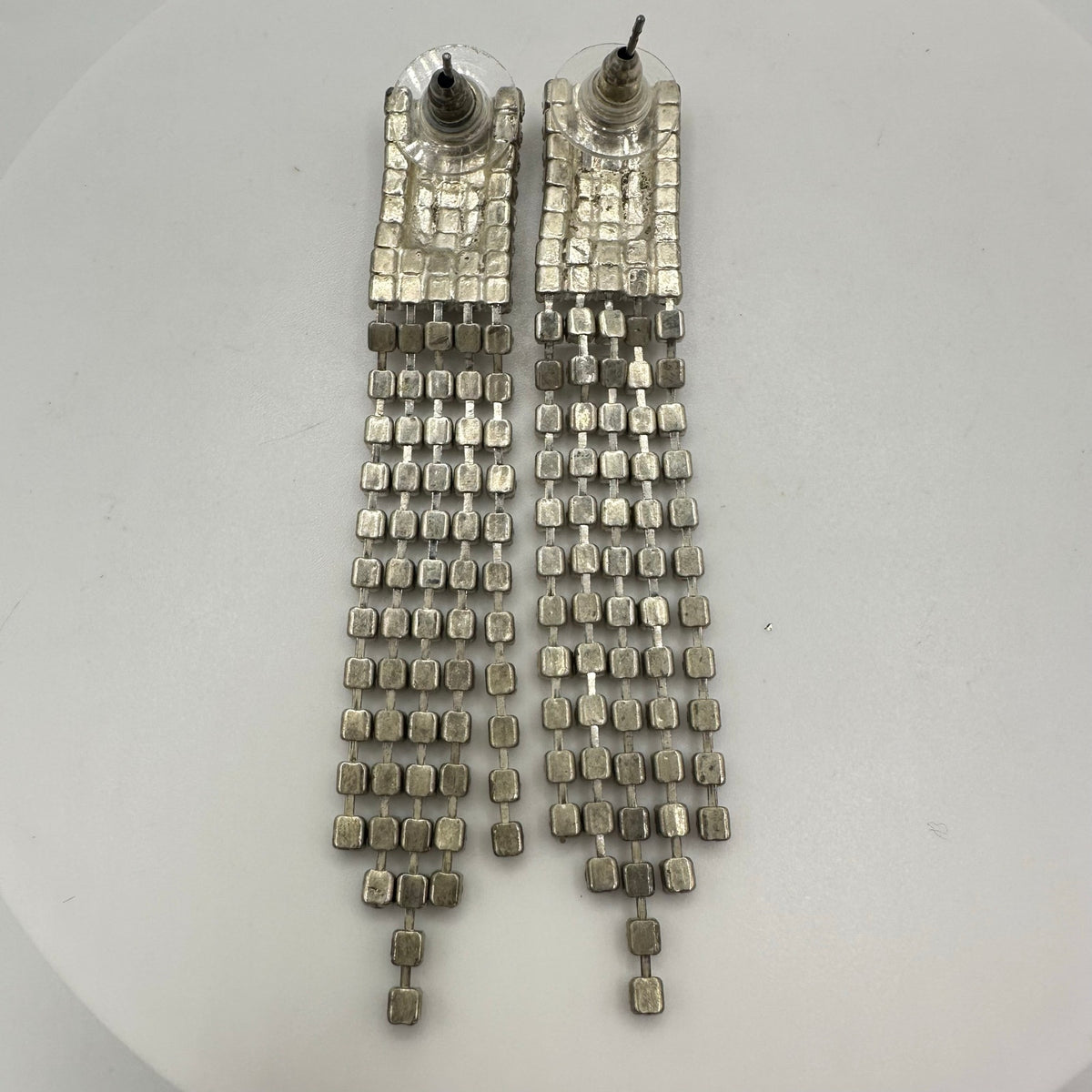 Silver tone clear rhinestones multi 5 strands fringe drop post earrings
