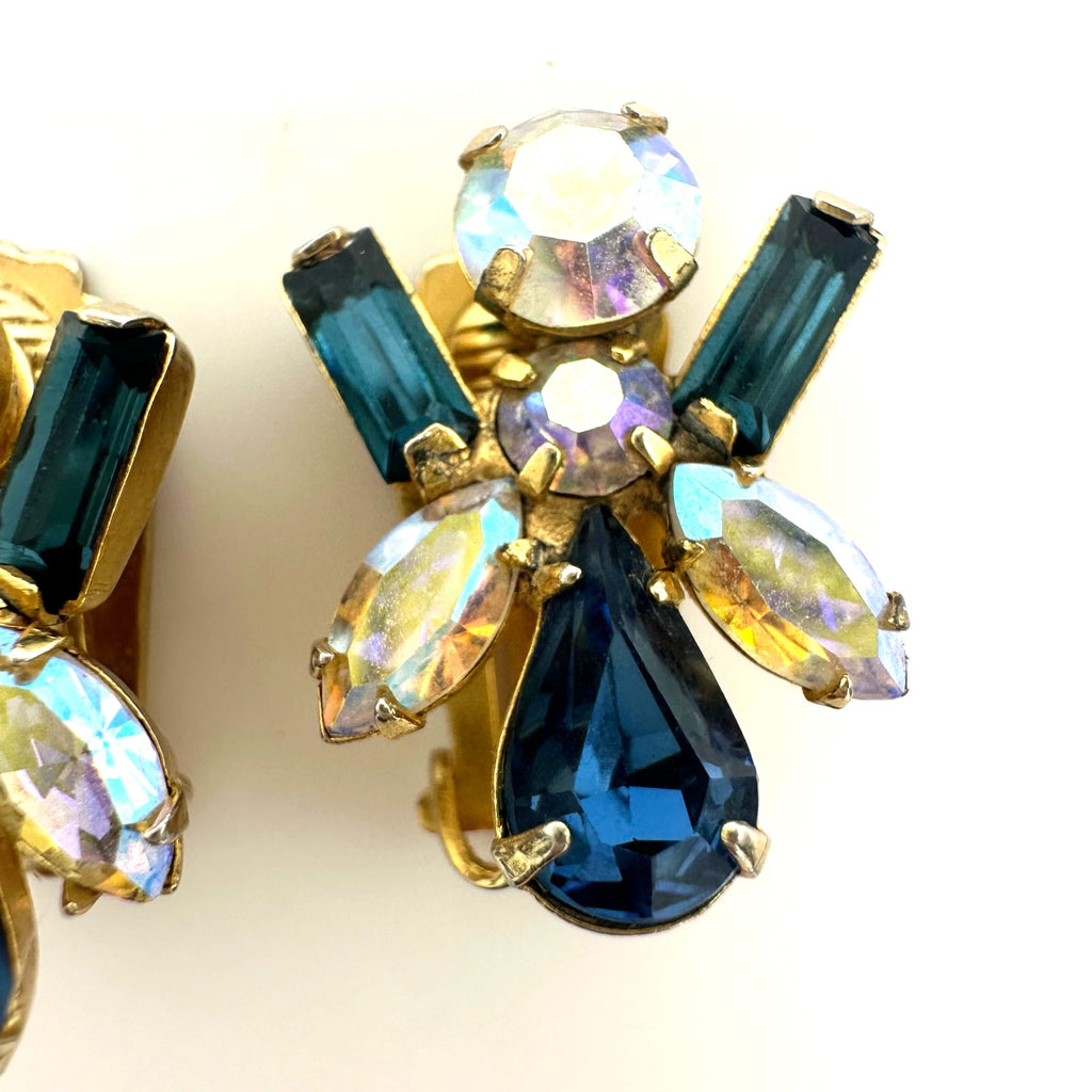 Vintage 1950s gold tone blue aurora borealis AB rhinestones clip on earrings