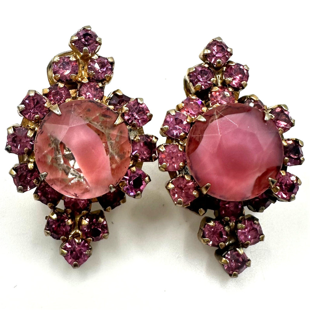 1950s vintage gold tone pink clear givré art glass rhinestones clip on earrings