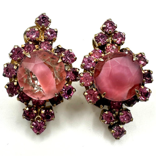 1950s vintage gold tone pink clear givré art glass rhinestones clip on earrings