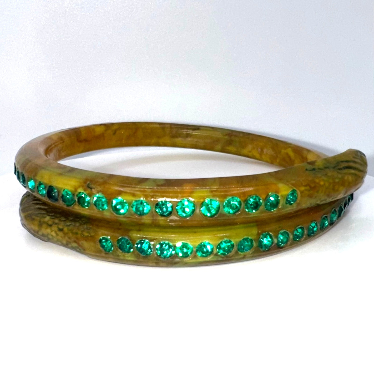 Antique Art Deco yellow celluloid green Czech rhinestones snake bangle bracelet