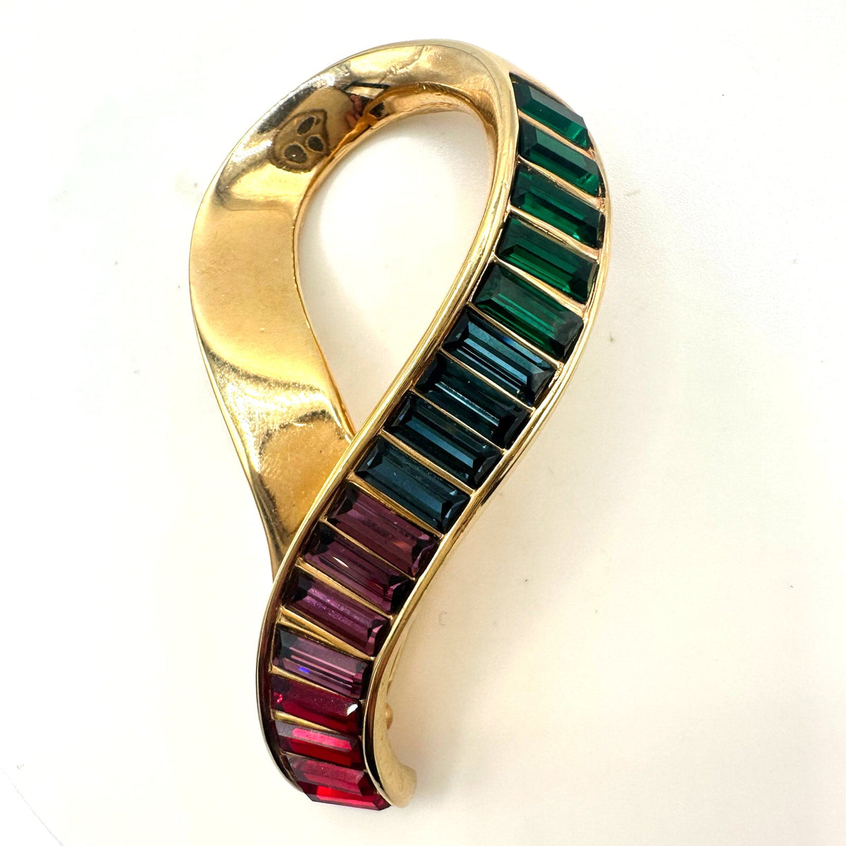 Swarovski Swan signed vintage gold tone rainbow baguettes rhinestones brooch