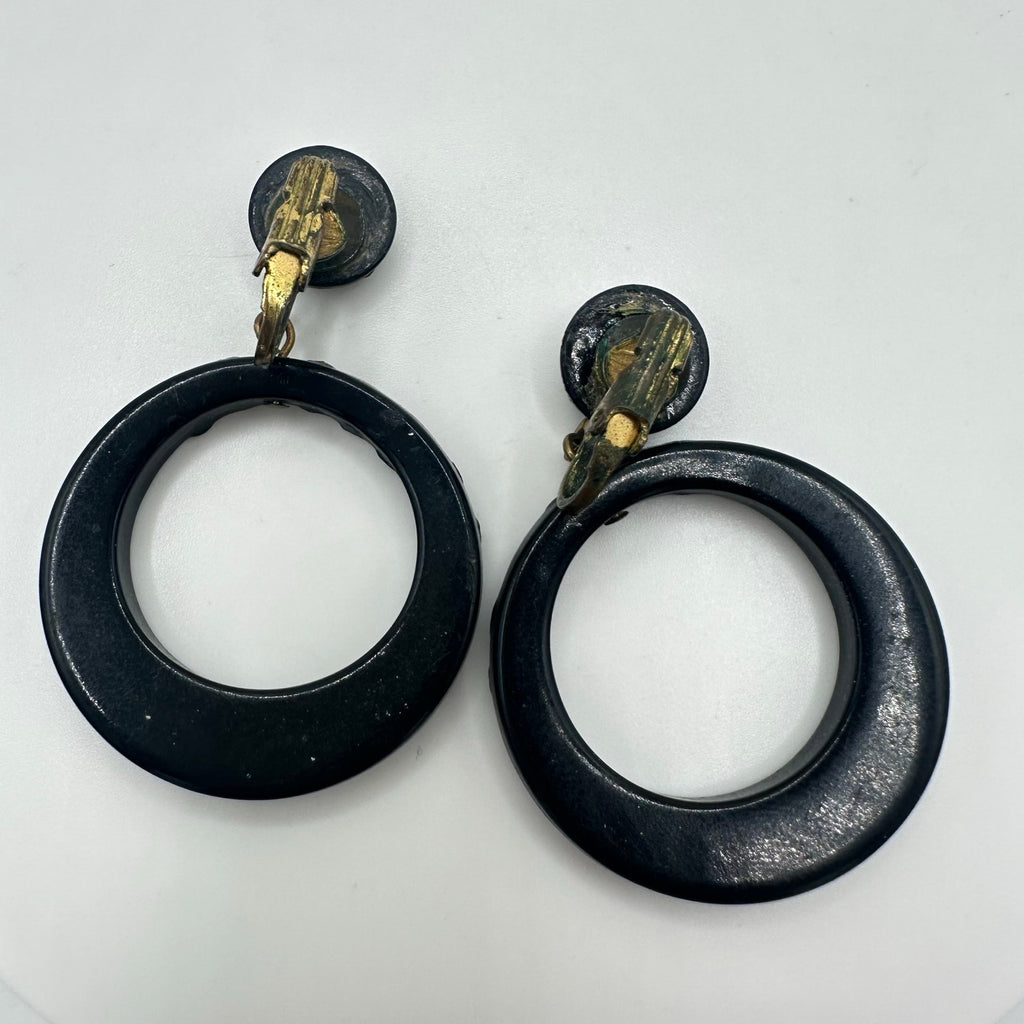 Vintage retro 1940s black lucite glass rhinestones dangle clip on earrings