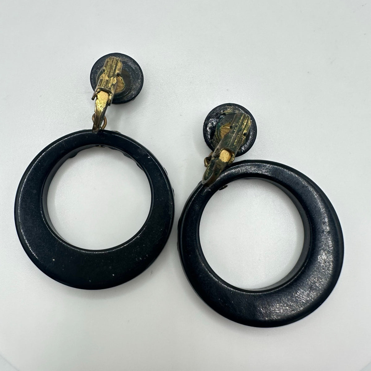 Vintage retro 1940s black lucite glass rhinestones dangle clip on earrings