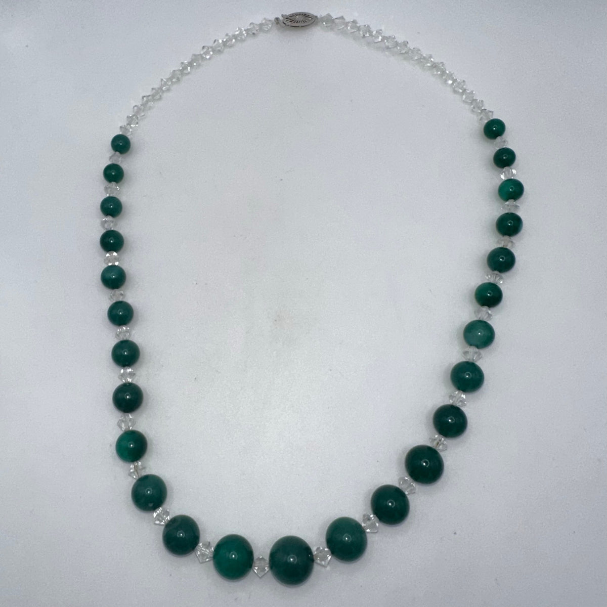 Antique Art Deco green chrysoprase faceted crystal beaded necklace 14k WG clasp