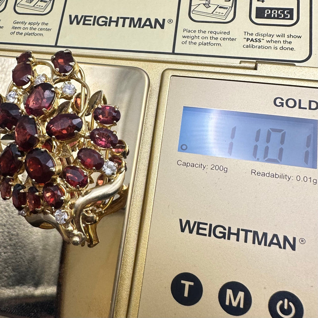 Gold plated real genuine red maroon garnets clear cubic zirconia CZ brooch