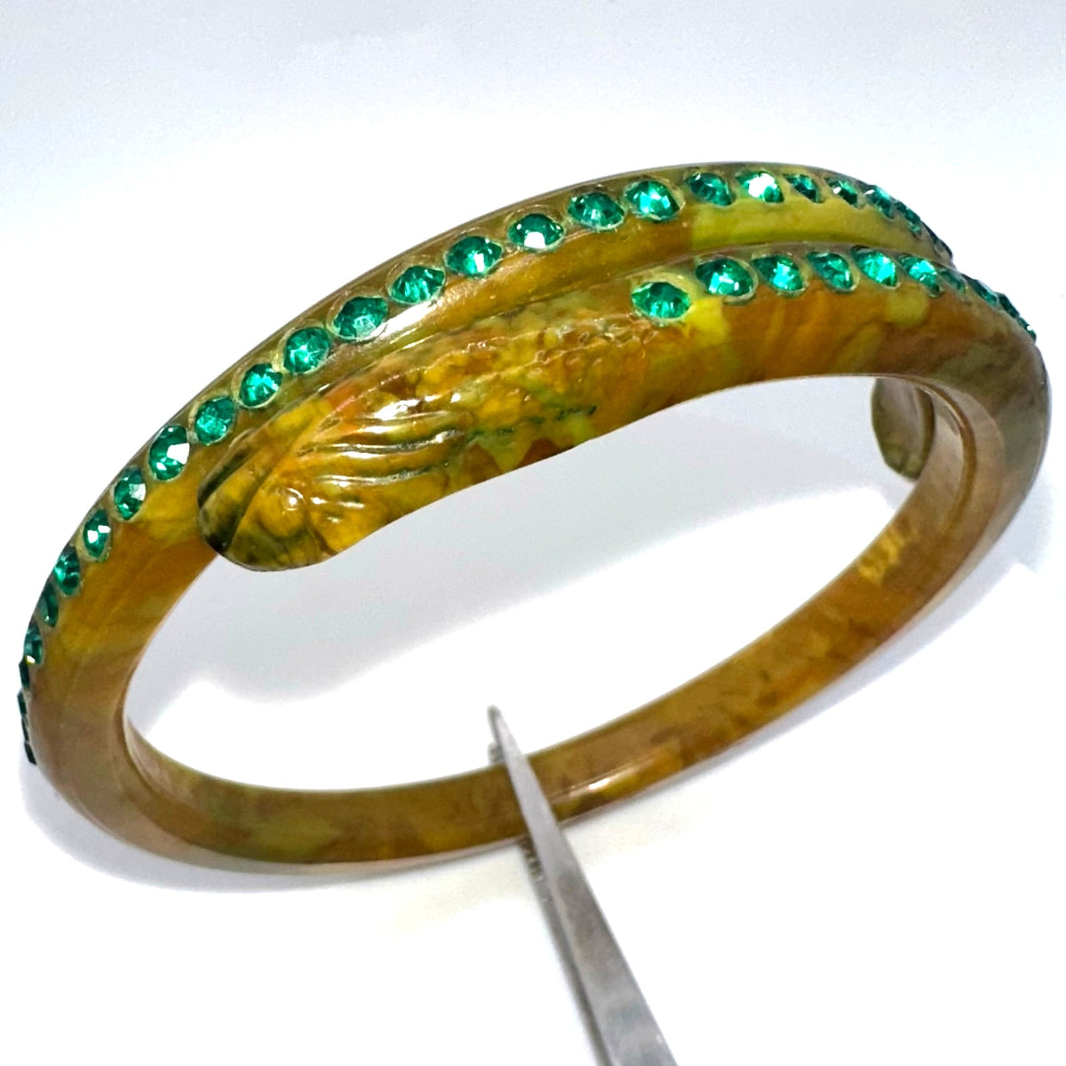 Antique Art Deco yellow celluloid green Czech rhinestones snake bangle bracelet