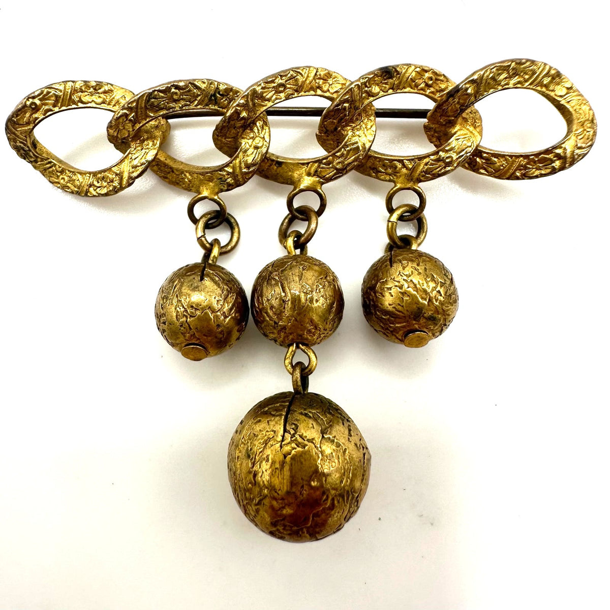 Antique Art Deco gold tone brass dangling ball charms chain bar pin brooch