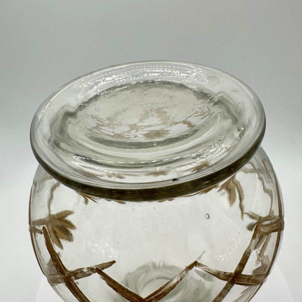 Hand blown midcentury Romanian style clear gold hand painted glass vase 4"