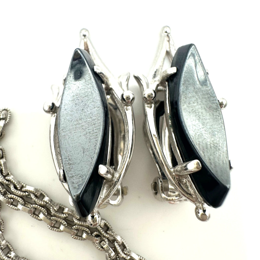 Whiting & Davis vintage silver tone faux hematite necklace ring clip on earrings