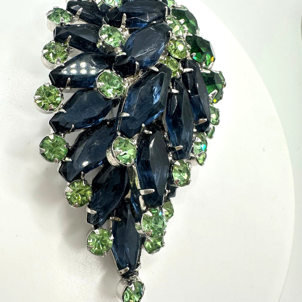 Juliana vintage book piece large silver tone blue green rhinestones leaf brooch