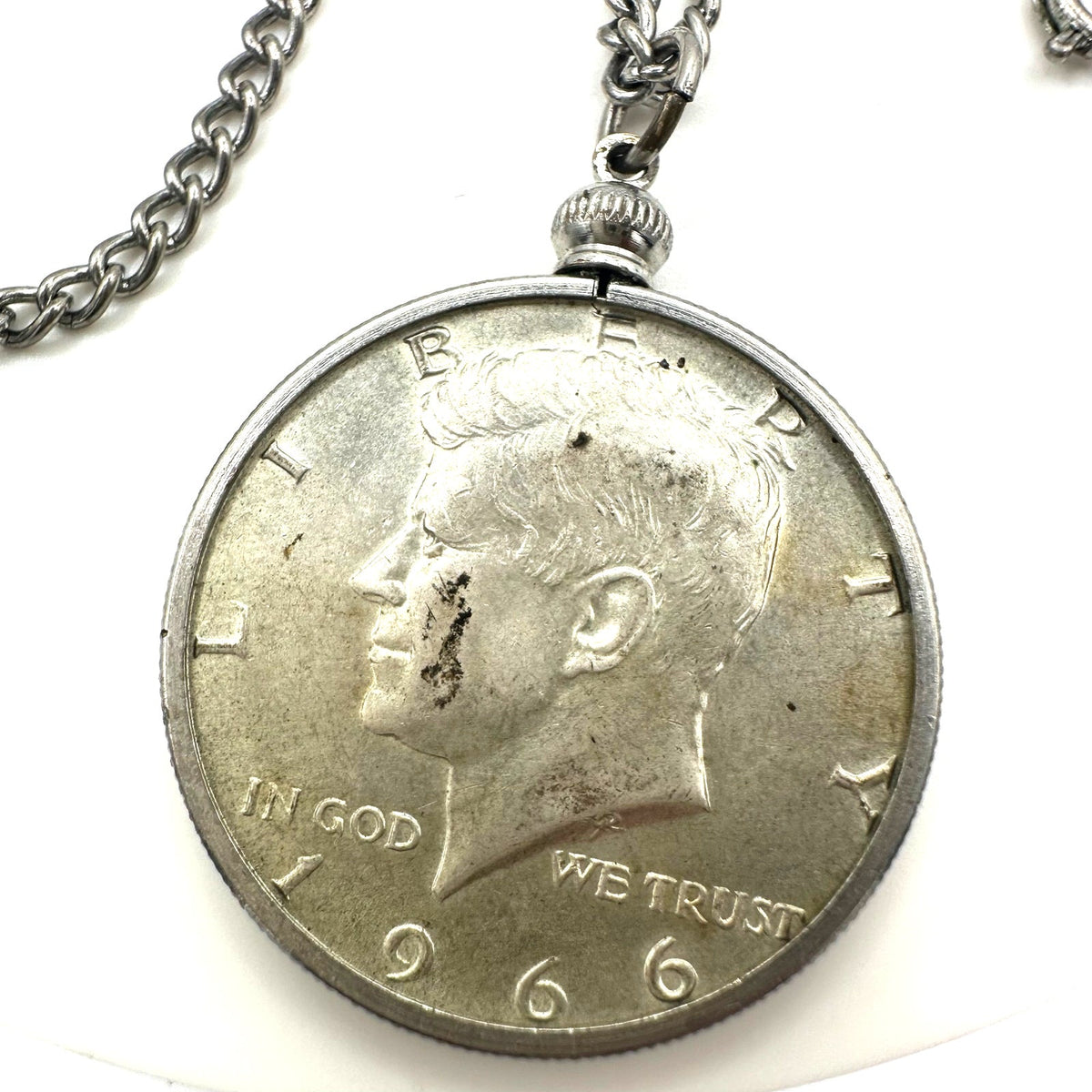 Vintage silver tone real 1966 Kennedy half dollar coin pendant 24" necklace